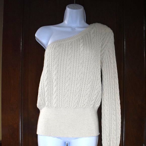 Parentezi One-Sleeve Cable Knit Sweater Small Off White Baby Alpaca Off-Shoulder - Picture 3 of 14